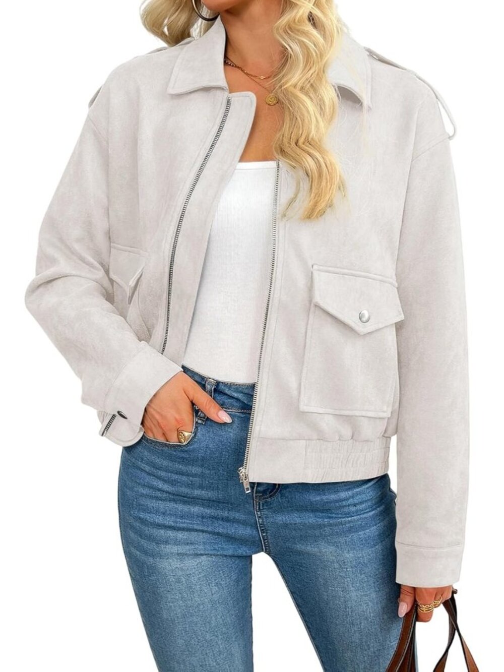 Women's White Faux Suede ZIP Up Loose Fit Casual Fall Outerwear Coat Jacket